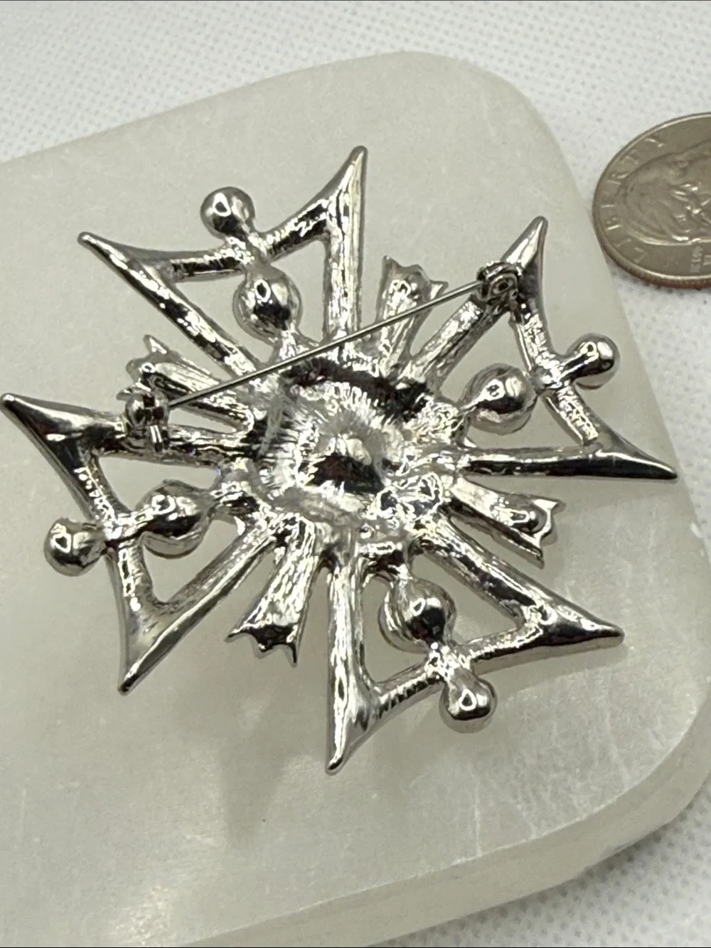High end Vintage Aurora Borealis pave rhinestone  Cross Brooch faux Pearl Center